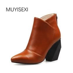 Women Boots Black Genuine Leather Ankle Boots Pointed Toe High Heel Women Winter Shoes bottes femmes botas mujer HL023 MUYISEXI