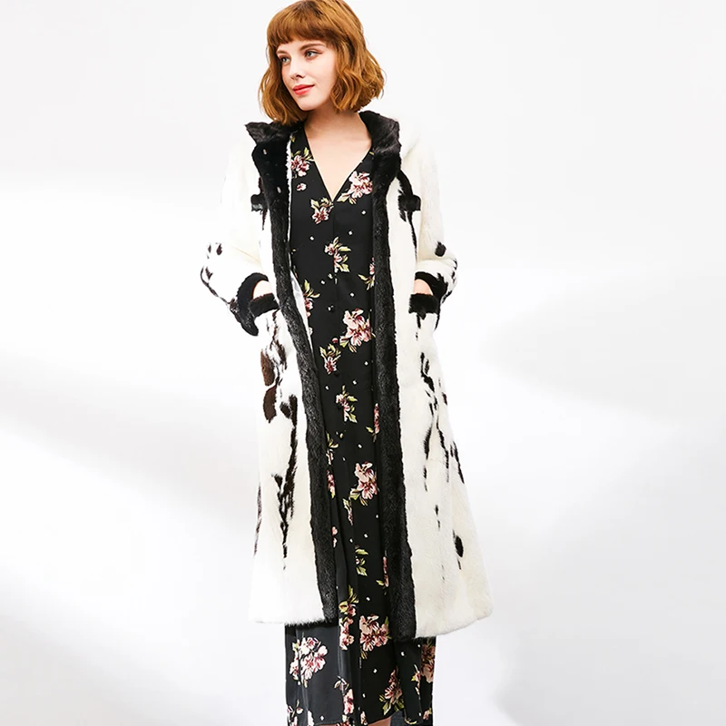 Futro z norek importowanych z Chin, zimowe, damskie, z aksamitu i futra norek, z kołnierzem wykładanym, patchworkowe, w kropki, bardzo długie, prawdziwe futro z norek.