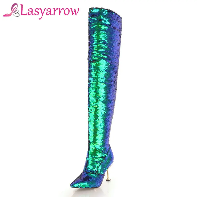 Lasyarrow Bling Bling Sopra Il Ginocchio Slim Fit Lunghi Stivali Scintillante Metallo Sottile di Alta Della Coscia Tacco Stivali Alti Pattini di