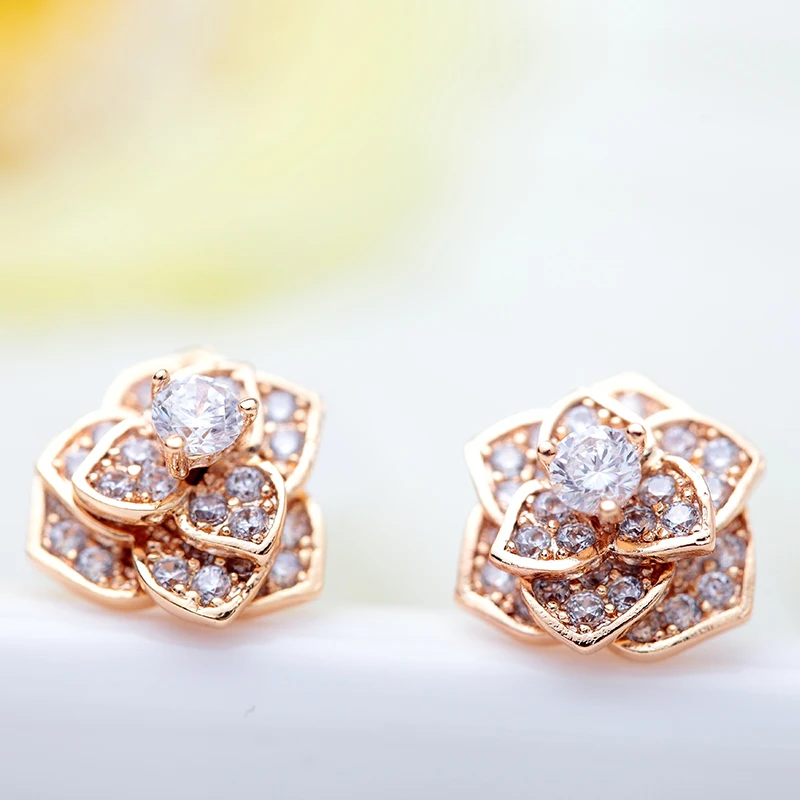 LUOTEEMI Trendy Statement Rose Flower Cubic Zircon Champagne Gold-Color Stud Earrings For Women Luxury Brincos Wholesale Items