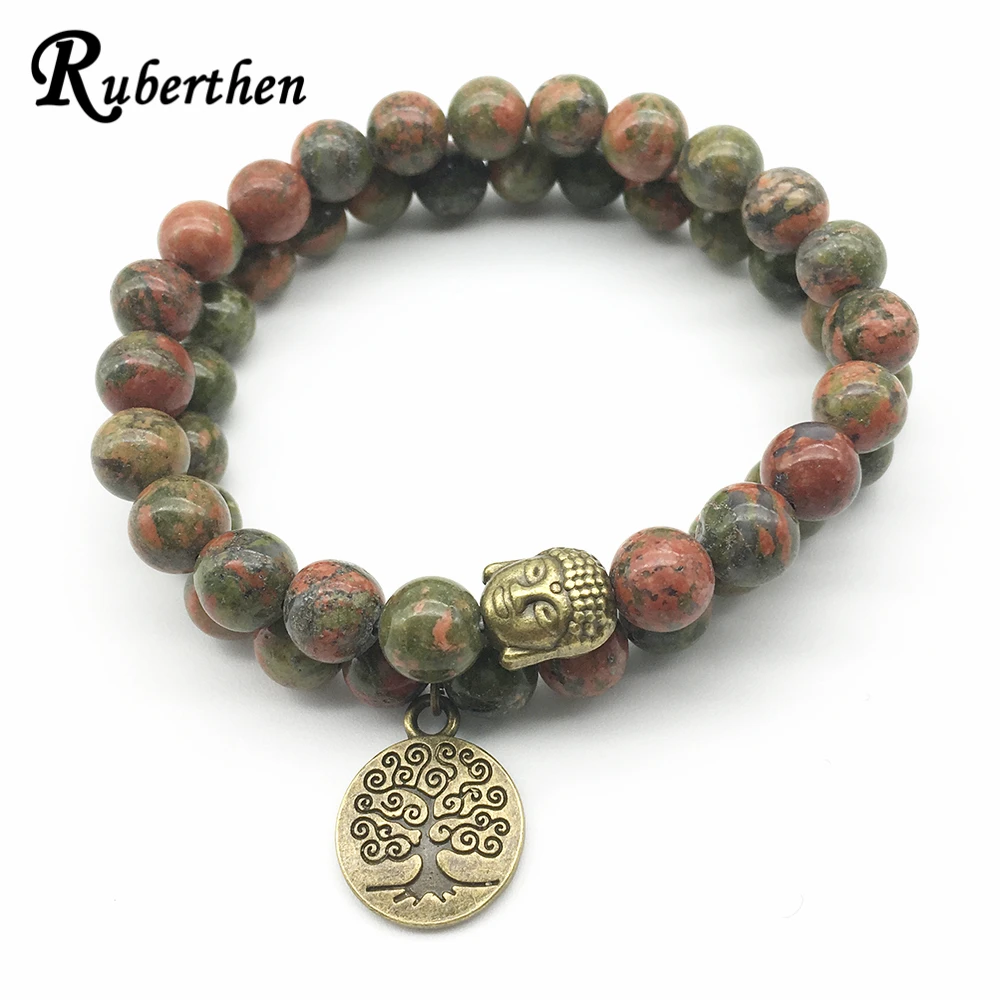 Ruberthen New Mens Bracelet Set Trendy Design Buddish Unakite Jasper Bracelet Tree of Life Charm Balance Bracelet