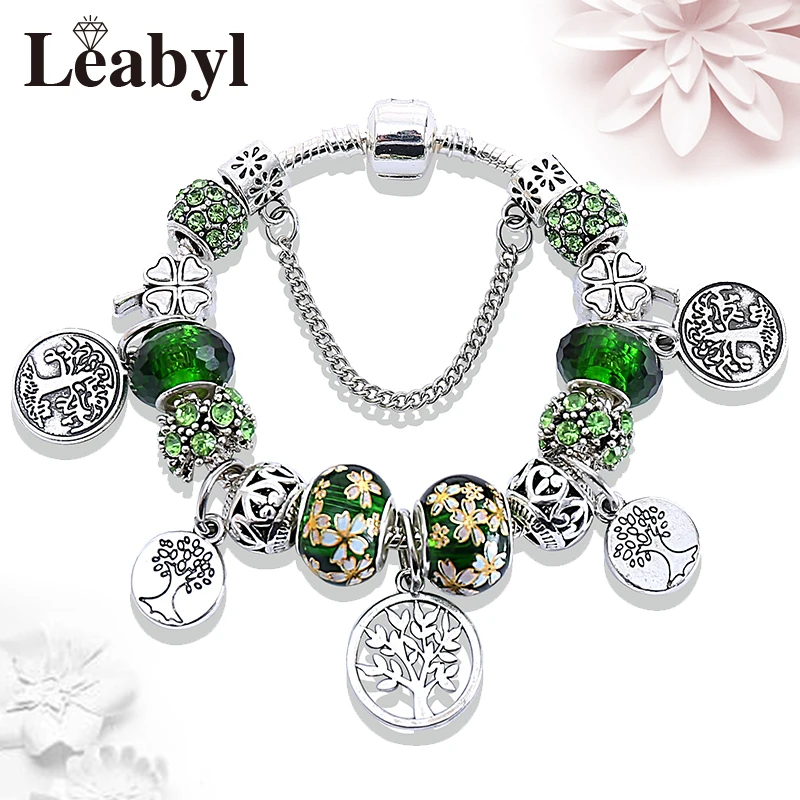 Dropshipping Silver Color Tree of Life Fashion Bead Bracelets Green Leaf Floral Crystal Charm Bracelet & Bangle Pulsera Jewelry