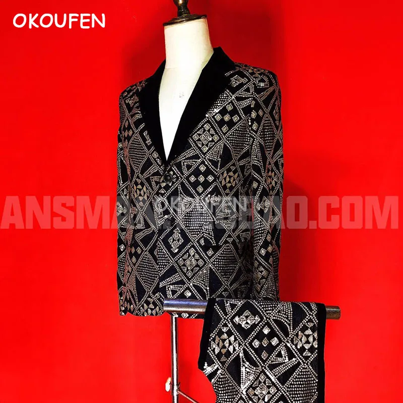 Fashion New Cool Men's Geometric Embroidered Slim Suit Costume Nightclub Bar Male Singer Host DS stage formal dress