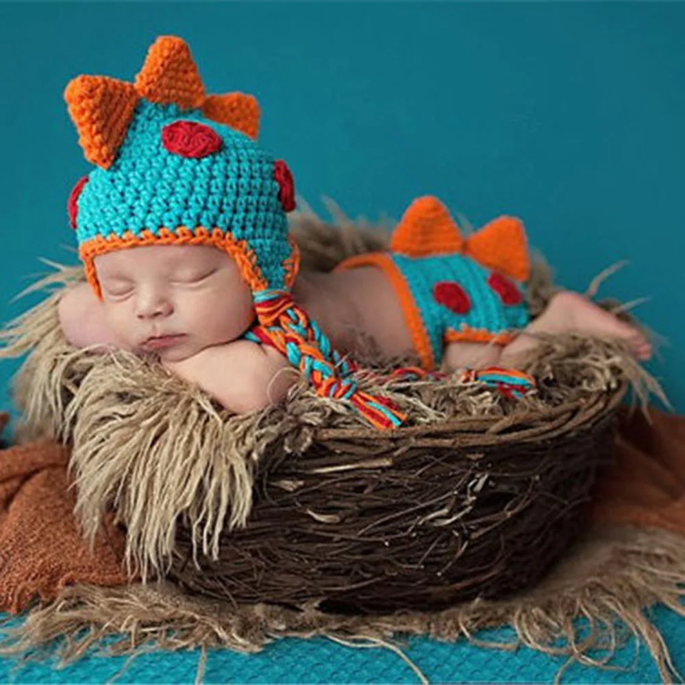 

Crocheted Baby Boy Dinosaur Outfit Newborn Photography Props Handmade Knitted Photo Prop Infant Accessories H271