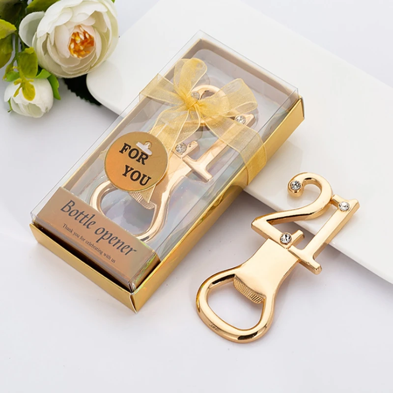 

50pcs/lot 21th Design 21 years Gold beer bottle opener Number 21 opener For wedding Anniversary Birthday gifts