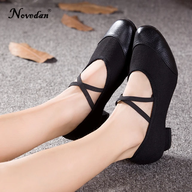 Teacher Dance Shoes Canvas Leather Ballet Shoes Square Low Heel Dancing Shoes Black/Red Girls Women\'s Shoes Teaching Practice