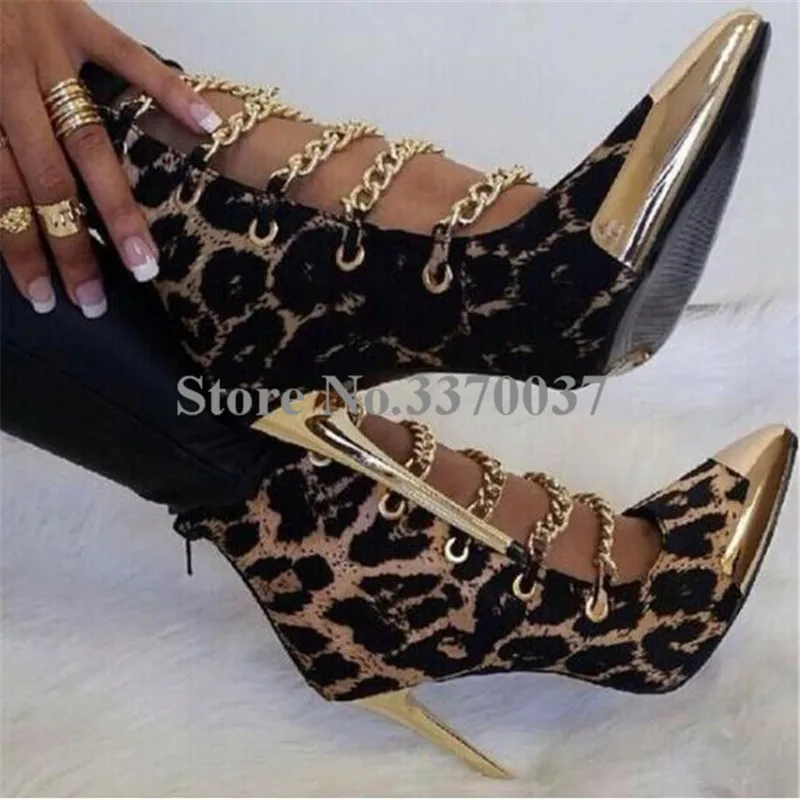 Gold Chains Short Boots Linamong Metal Chains Decorated Stiletto Heel Yellow Leopard Stiletto Heel Ankle Booties Party Heels