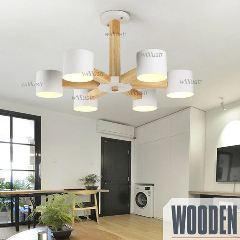 Creative Semi Flush Mount Ceiling Lamp Wood Iron LED Light Restaurant Hotel Villa Sitting Room Bedroom Modern Wooden Lighting