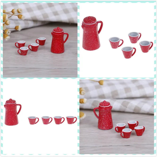 5 Pcs/Set  Dollhouse Miniature Porcelain Coffee Tea Lid Pot kettle Cups Set Kitchen Classic Toy Pretend Play Best Gift Girl Doll