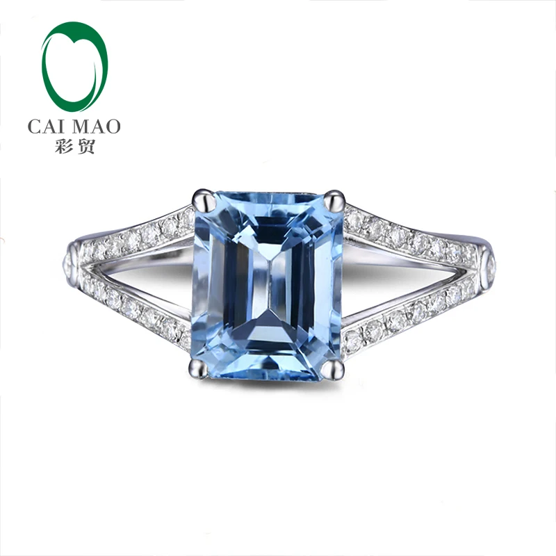 Caimao 2.42ct Emerald Cut 7x9mm Blue Aquamarine Pave Diamond 14k Gold Engagement Ring