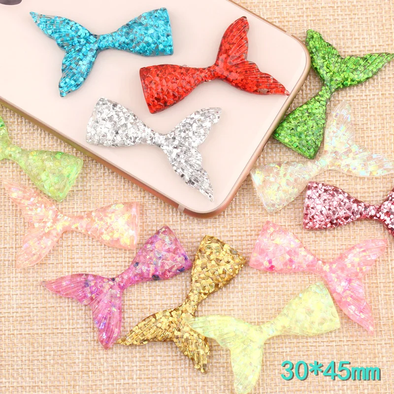 30pcs/Lot 30x45mm Mixed Glitter Fish Tail Resin Flatback Applique Embellishment DIY Hair Bow Center Headband Supply