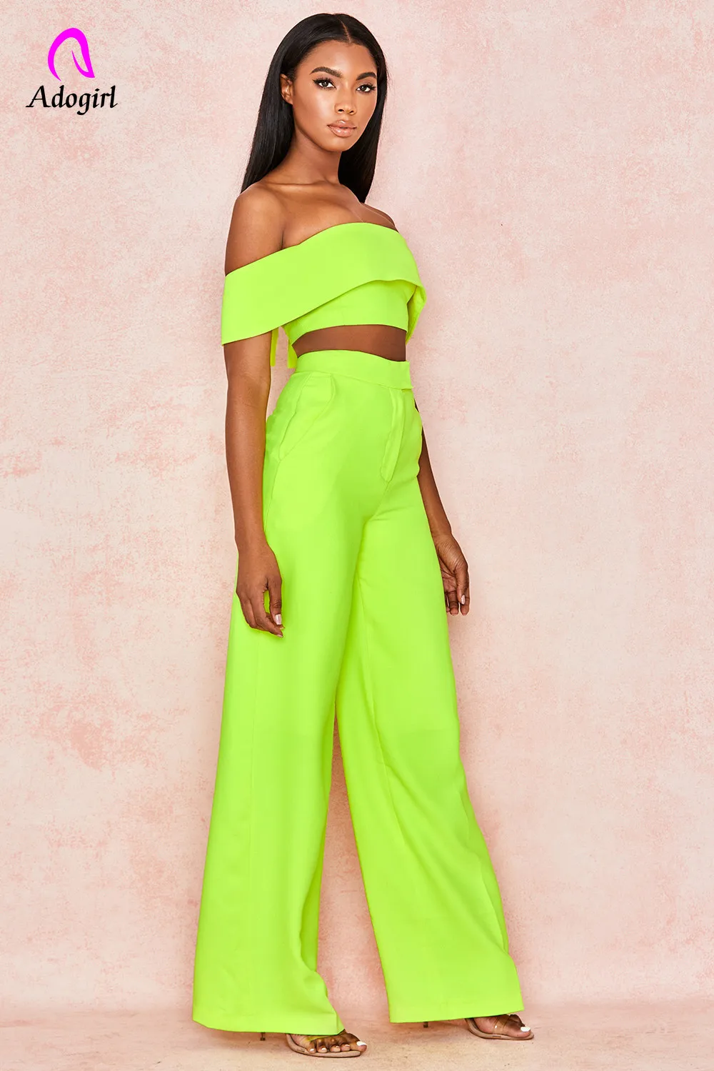 Adogirl Neon Slash Neck Two Piece Set Off Shoulder Elegant Women Crop Top and Wide Leg Pants Bodycon Long Trousers Women Suits