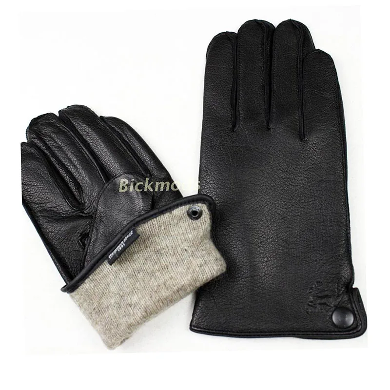 Guantes de piel de venado gruesos y cálidos para hombre, moda de cuero, estilo de costura exterior Simple, forro de franela, puntos de lana finos,