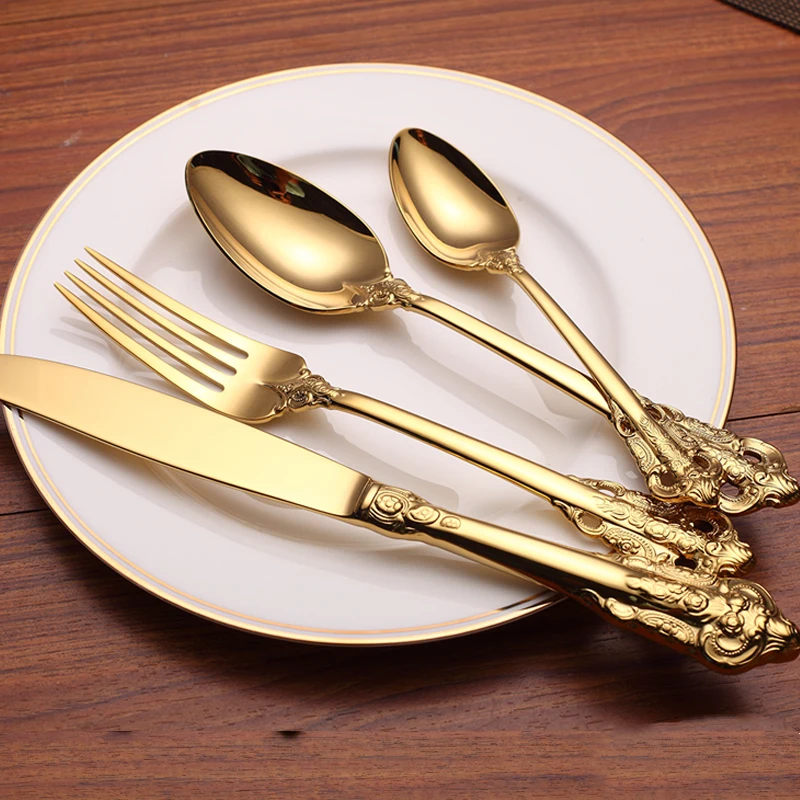 3-24pcs Luxury Golden Cutlery Vintage Tableware Gold Plated Wedding Dinnerware Stainless Steel Dining Knife Fork Spoon Teaspoon