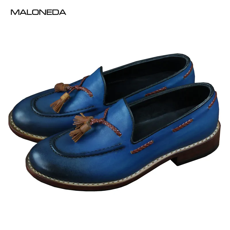 MALONEDA Bespoke Big Size 37-47 Men's Tassel Loafers Handmade Goodyear Genuine Leather Casual Slip On Shoes Blue Color