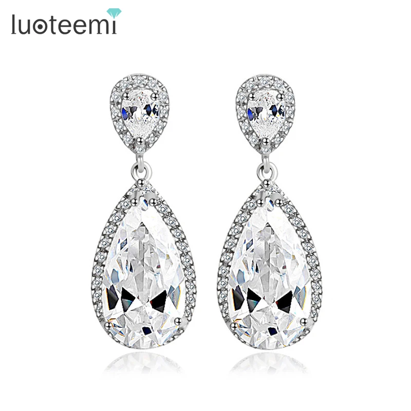 

LUOTEEMI Brand Fashion Luxury Bride Wedding Drop Earrings AAA Cubic Zirconia White Gold Color Engagement Jewelry Party Gift