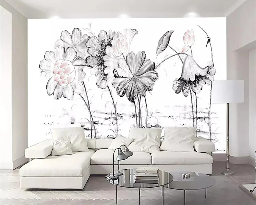 Custom size mural photo hand-painted sketch lotus decorative painting home decoration living room bedroom mural 3d wallpaper