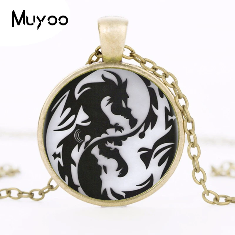 Vintage Yin Yang Dragon Pendant Necklace Cabochon Long Black Chain Statement Necklace For Fashion WomenMen HZ1