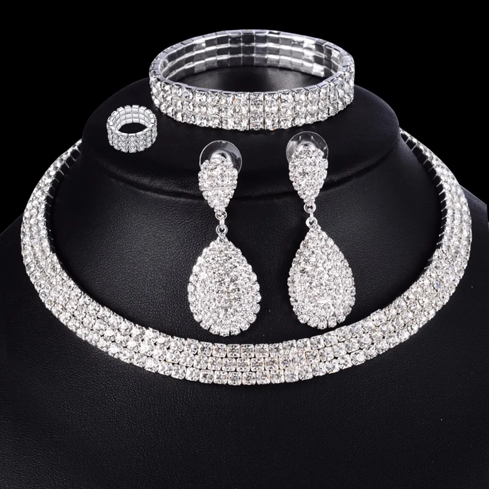 4 PCS Luxury Wedding Bridal Jewelry Sets for Brides Women Necklace Bracelet Ring Earring Set Elastic Rope Crystal Jewelry