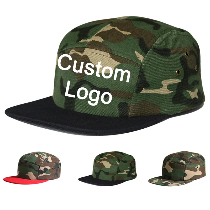 

Customized Logo Adjustable Size Tennis Basketball Sun Cap Custom Colors Custom-Made Design Snapping Army Camo Five Panels Hat