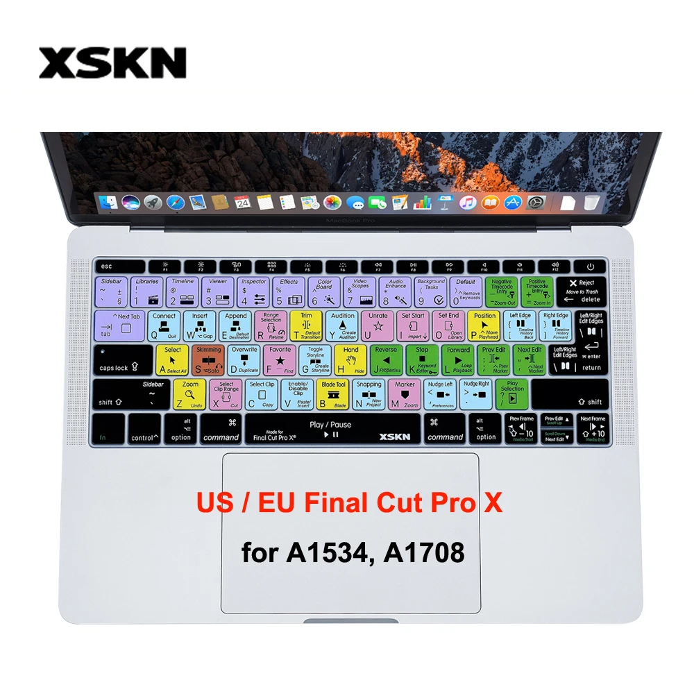 XSKN Final Cut Pro X 10 Hotkeys Keyboard Cover Skin for New Macbook 13 inch A1708 (Flat Key, No Touch Bar) and for 12 