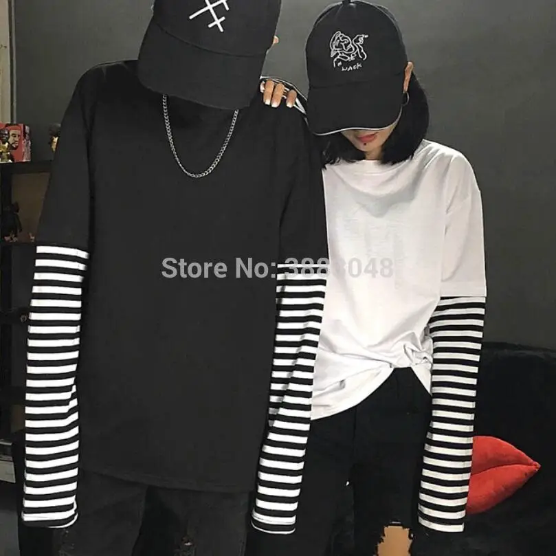 

Fashion T-shirts Korean ulzzang Harajuku striped T-shirt long sleeves For women's round neckline patchwork T-shirt