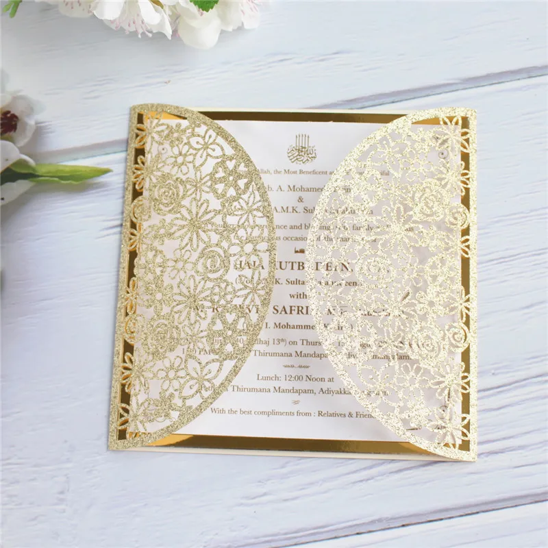 

Invitation cards wedding marriage glitter laser cutting with insert card gold border customized printing 50pcs