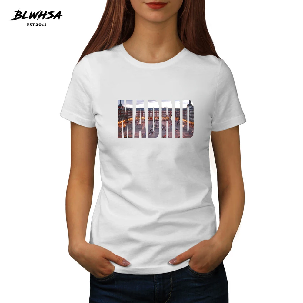 BLWHSA New Madrid Print T Shirt Women Spanish City Of Madrid 100% Cotton tshirt Fashion Clothing Funny Women's T-shirt