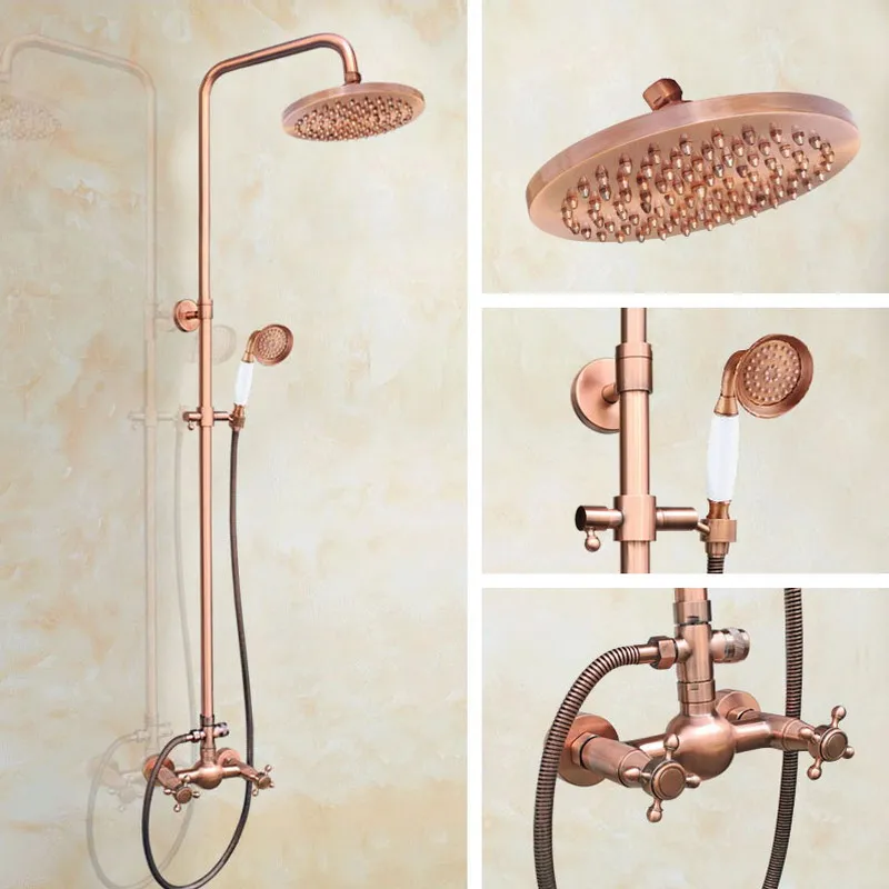 Vintage Retro Red Copper Brass Wall Mount Bathroom Rainfall Shower Faucet Set 8