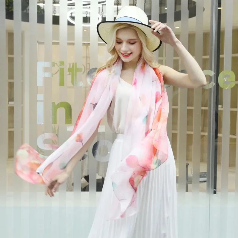 180*145cm Oversize Sunscreen Pareo Beach wrap Shawl Summer Chiffon Flower Silk Scarf Women bandanna lady foulard female muffler