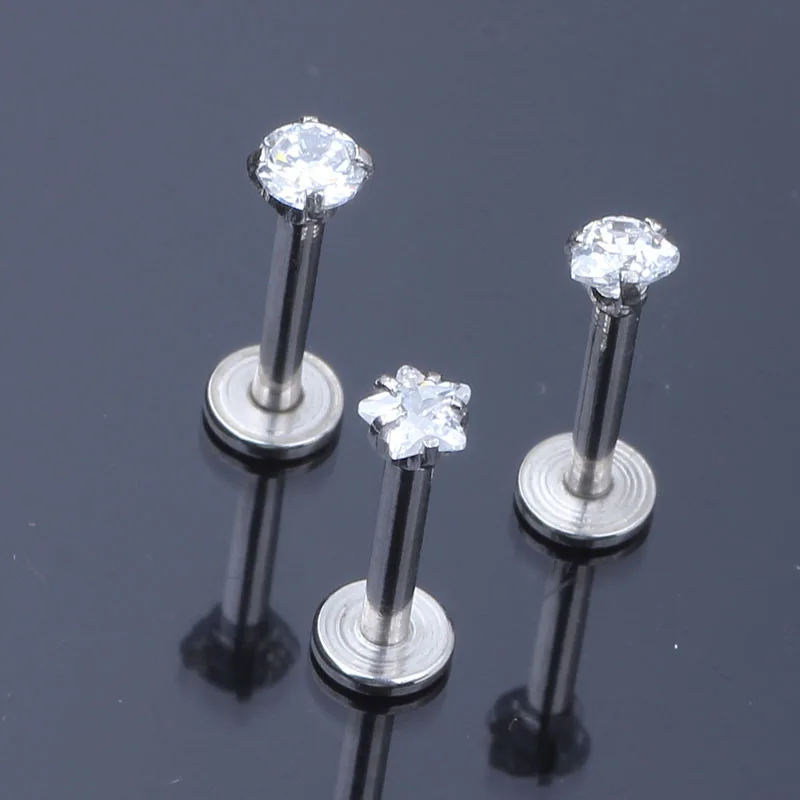 1.2x8x3mm 16G  Silver Internally Threaded Prong Gem Labret lip piercing Zircon labret ring Tragus Earring