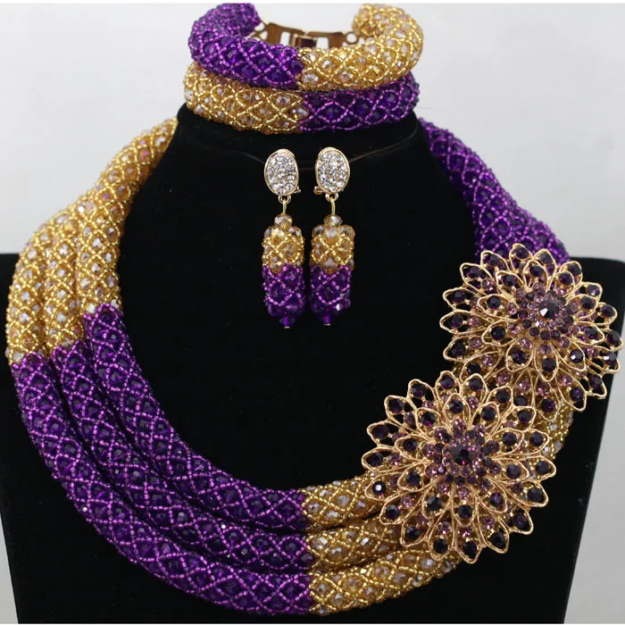 Hot Sale Handmade Crystal Beads African Bridal Jewelry Sets Purple Gold Nigerian Wedding Beads Necklace Free Shipping ABK107