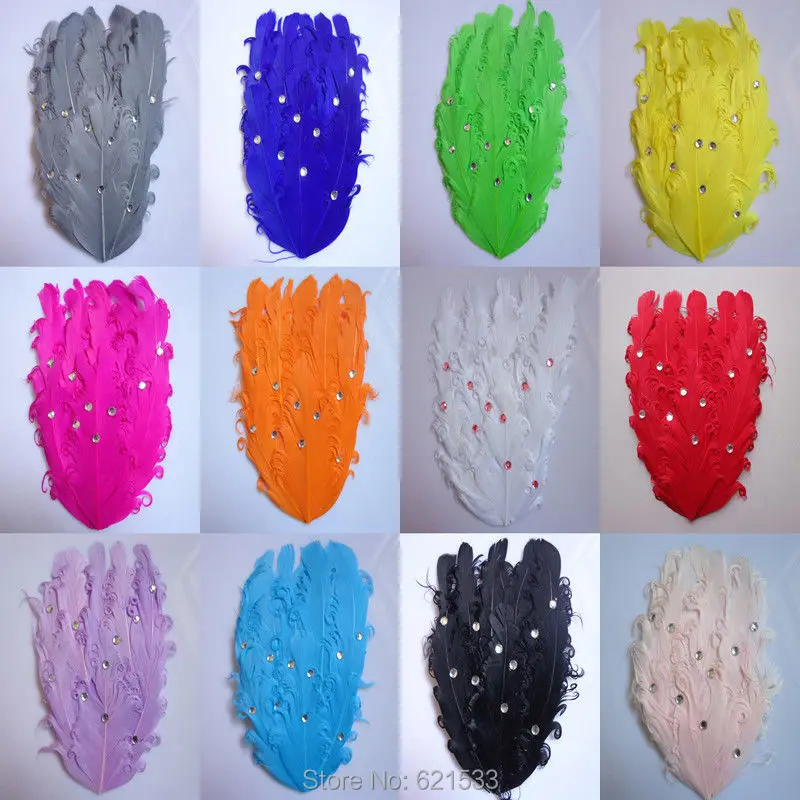 10Pcs/Lot 10-15cm/4-6inches Rhinestone Multicolor Nagorie Curled Goose Feather Pad for Headbands Fascinators Handmake Crafts