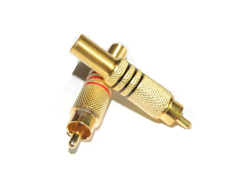 Gold Tone Male RCA Plug Audio Video In-Line jack solder Connector Metal with Spring Strain Relief Adapter