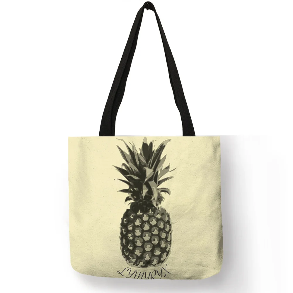 Personalized Fruit Print Shoulder Bag Pineapple Banana Printing Linen Tote Bags Casual Girls School Sports Book Reusable Handbag