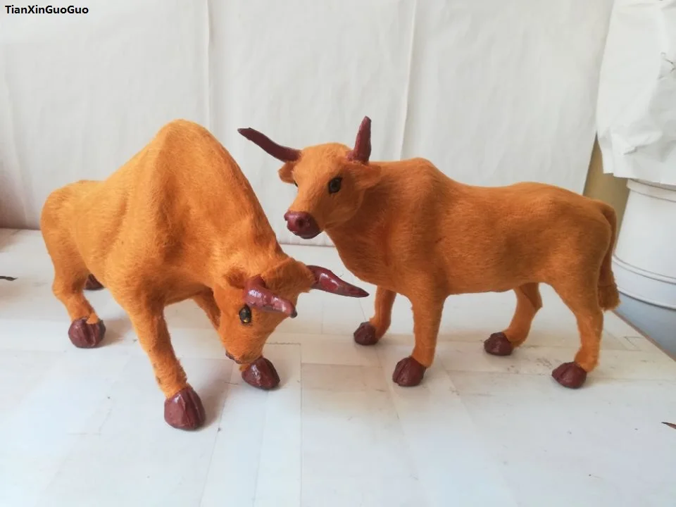 

simulation yellow cattle hard model prop polyethylene&faux furs cattles one lot/ 2 pcs,home decoration gift s1660