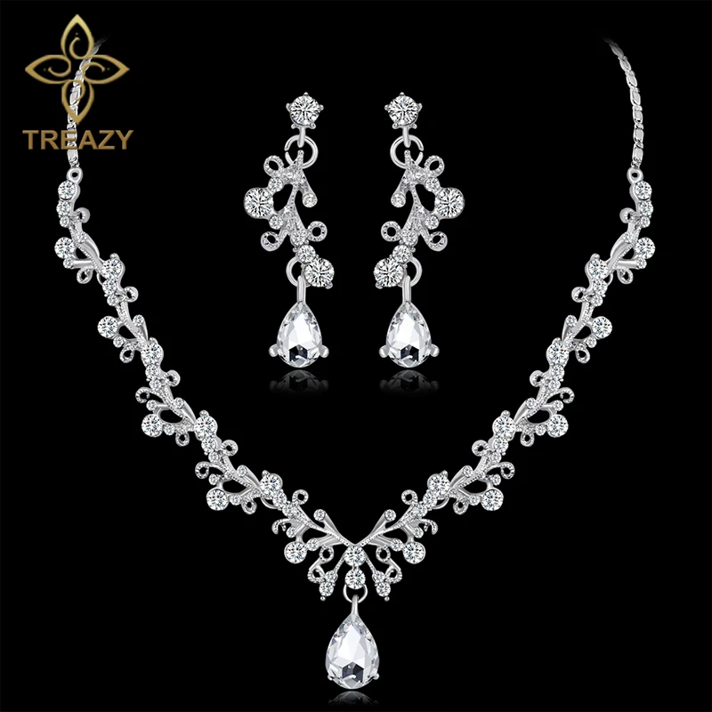 TREAZY Silver Plated Luxury Crystal Bridal Jewelry Sets Leaf Waterdrop Rhinestone Necklace Earrings Prom Wedding Jewelry Sets