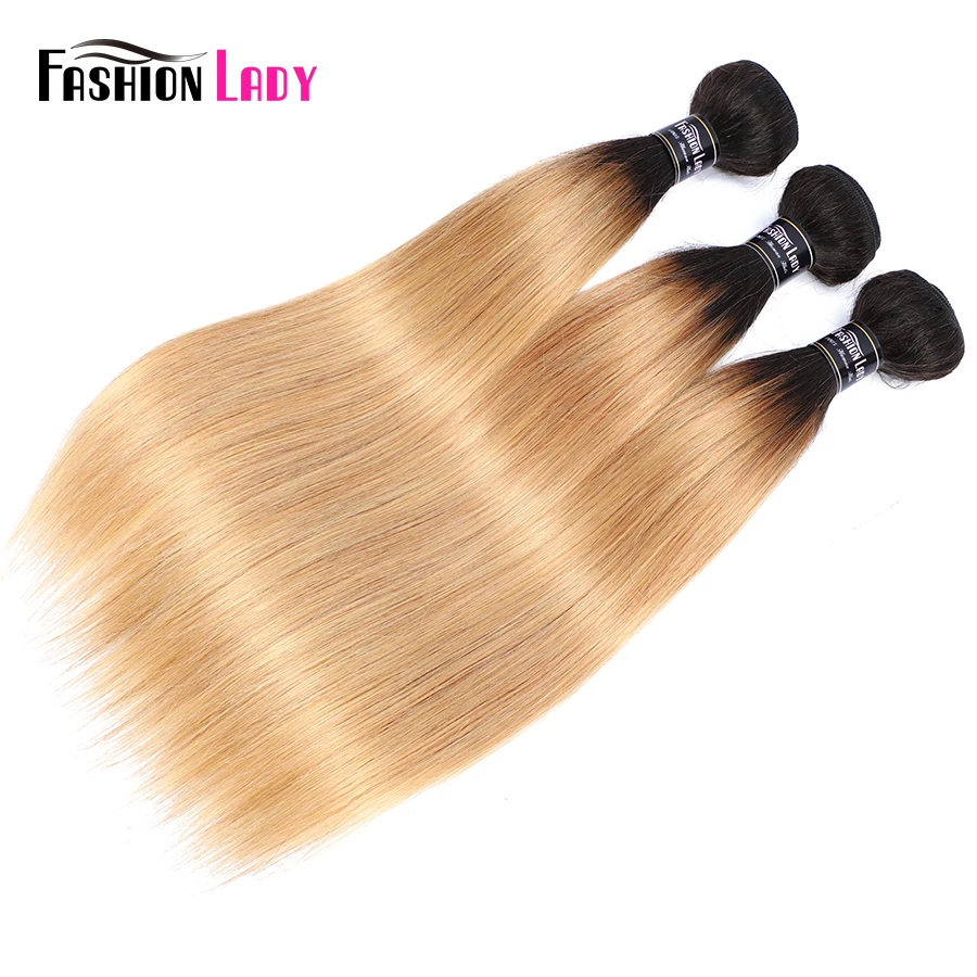 FASHION LADY-mechones de cabello humano precoloreado para mujer, cabello liso brasileño precoloreado, 1B/27, cabello humano degradado, paquete de 3/4, no Remy