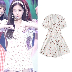 Kpop Korean Celebrity summer Fresh and sweet Dress Women Fashion Short Sleeve Harajuku flower print Dresses female Kawaii Tops