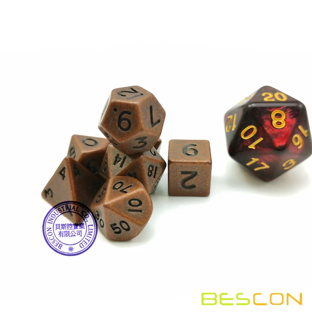 Bescon conjunto de mini dados de metal, 10mm, metal sólido, cobre antigo, mini metálico em poliéster, d & d, rpg, miniatura, 7 conjuntos