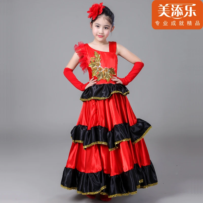 Kinder Spanisch Stierkampf Kleid Flamenco Kostüm Prinzessin Mädchen Öffnung Dance Volles-rock Plus Size Schaukel Tanzen Kleid H549