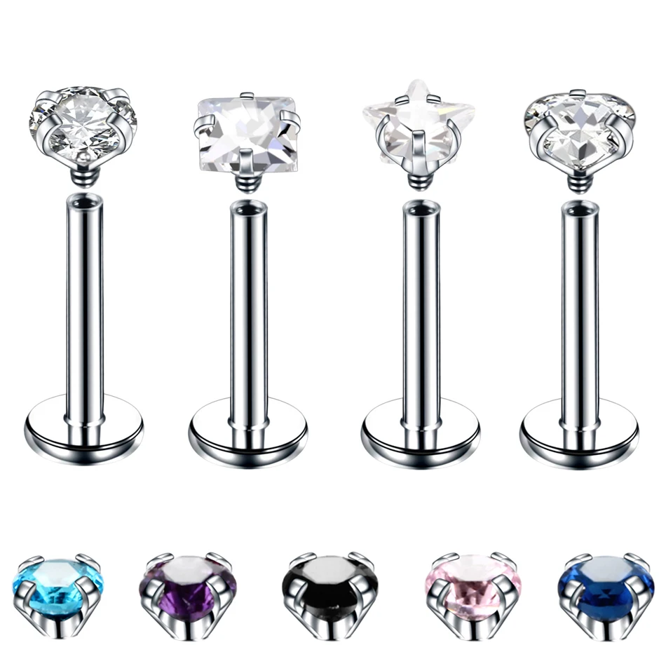 1PC Steel Crystal Labret Monore Rings Lip Piercings Heart Star Orelha Cartilage Ear Helix Stud Tragus Barbell Piercings Jewelry