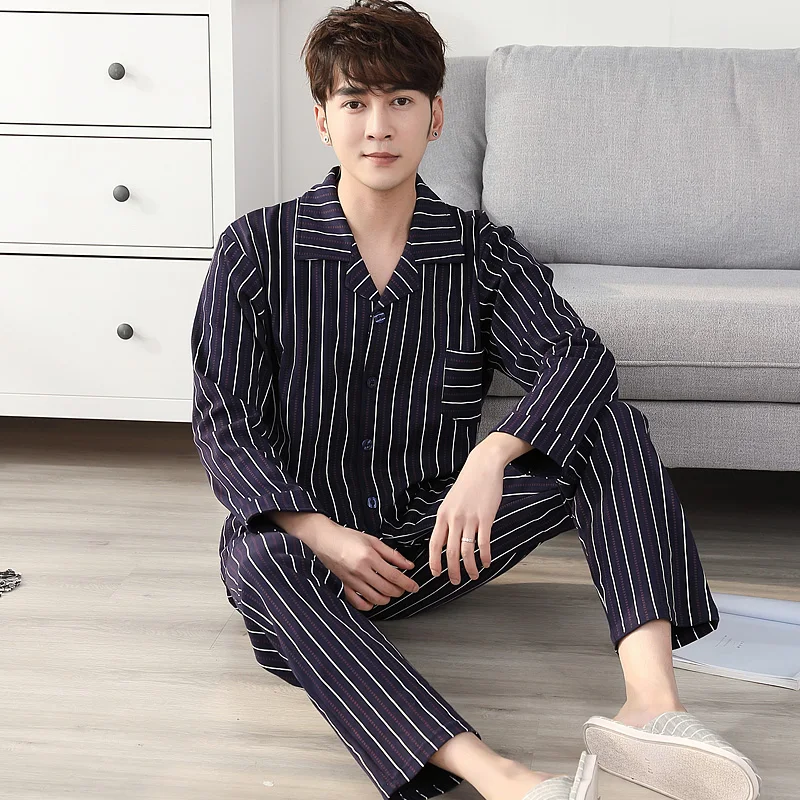 Pajamas Men Spring And Autumn Mens Pyjamas Cotton Striped Pajamas Long-sleeve Sleepwear Casual Men Pajama Set Big Yards M-3XL