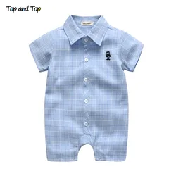 Top and Top Summer Short Sleeve Baby Rompers Gentleman Plaid Jumpsuit For Toddler Infant Casual Baby Boy Clothes 0-24 Months