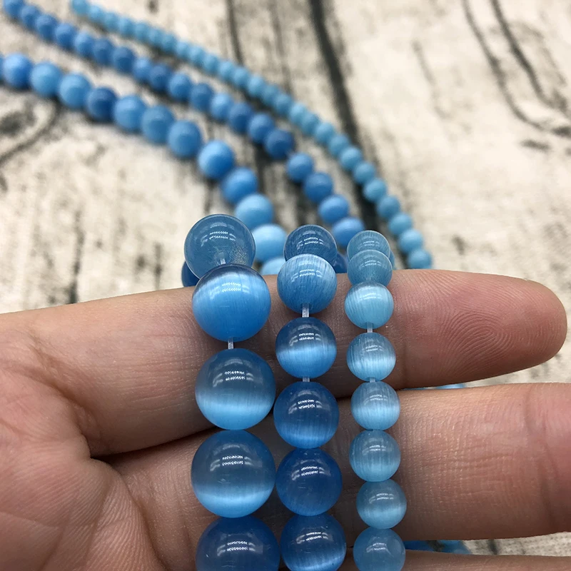 Blue Cat Eye Beads 4/6/8/10/12MM Natural Glass String Loose Space Beads Opal DIY Charm Beads for Jewelry Making Bracelet