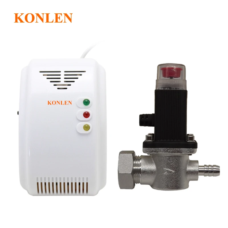 KONLEN Natural Gas Leak Alarm LPG Detector with Electric Solenoid Valve for Shut Off Home Gas Cylinder of Kitchen House Safety