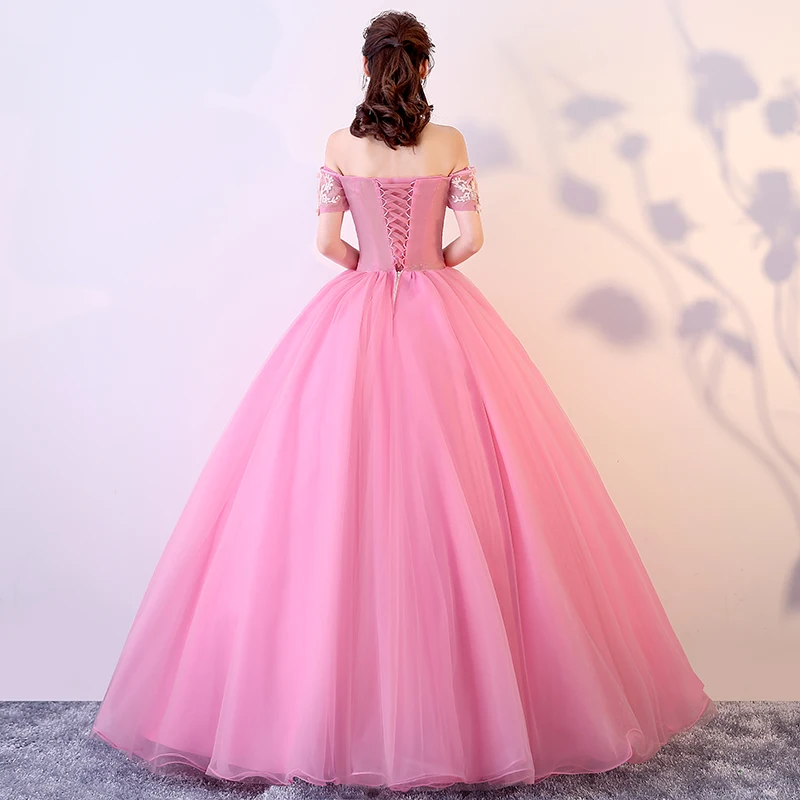 Y & m noviasアップリケロングquinceaneraのドレス夜会服レース刺繍オフショルダーパーティーウエディングドレス甘い花柄vestidos