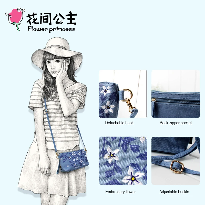 Flower Princess Embroidery Canvas Handbags Summer Women Small Messenger Girl Clutch Bag Female Shoulder Crossbody Bag Purse