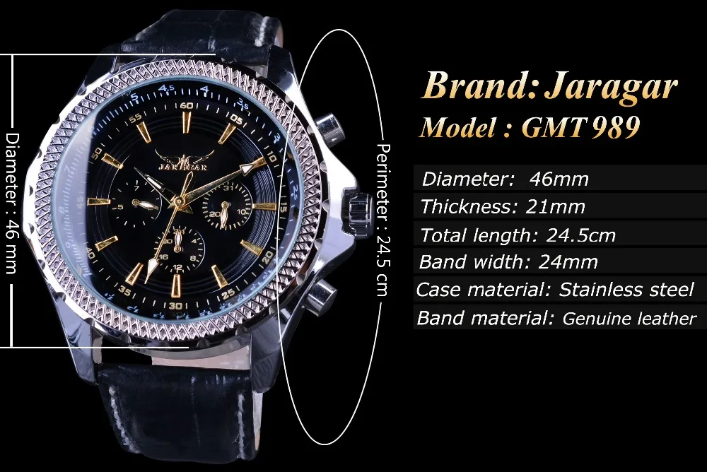 Jaragar Fashion Big Dial Series Golden Number Three Dial Design Genuine Leather Mens Watches Top Brand Luxury Automatic Watches