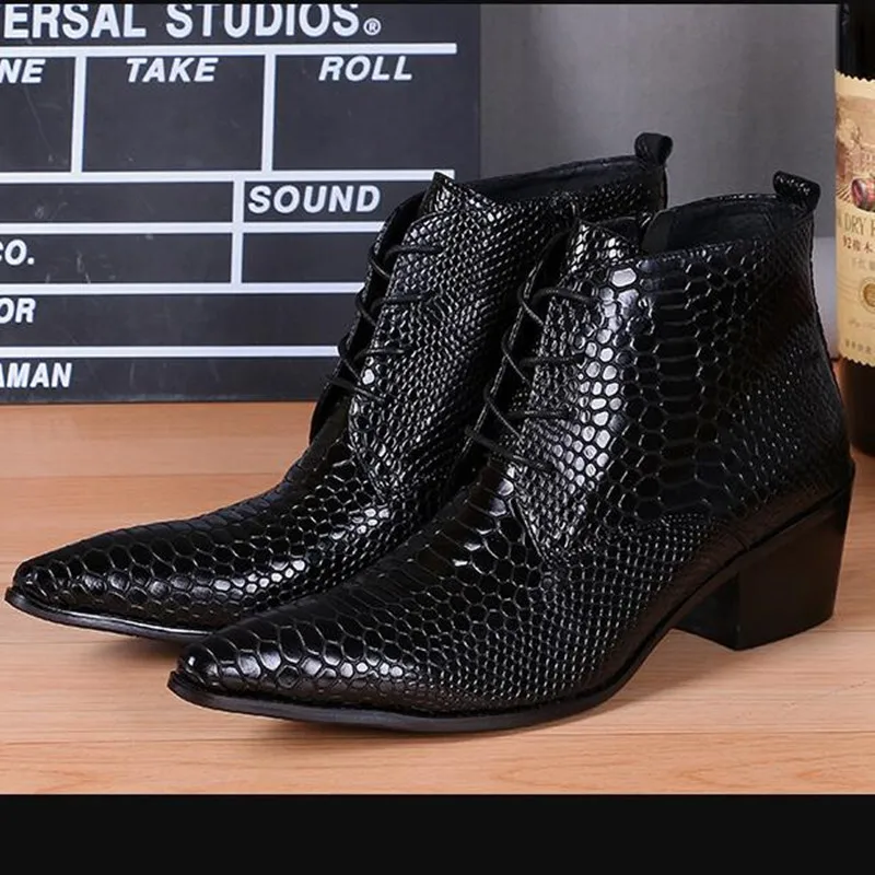 

Black Botines Hombre Snake Skin Leather Military Boots Pointed Toe High Heels lace up Cowboy Boots Dress Wedding Shoes men